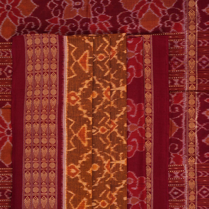 Complete flat layout of the brown and maroon Sambalpuri cotton saree showcasing all patterns and motifs.