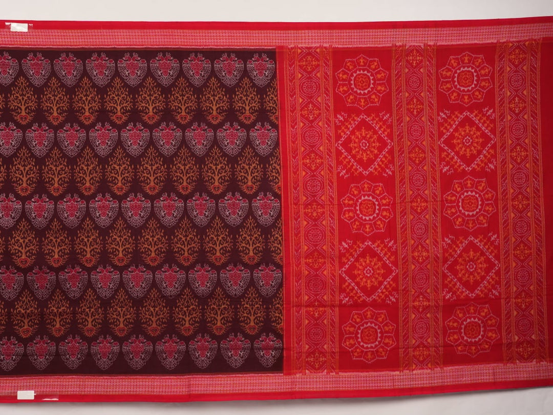 Full layout of a maroon and red Sambalpuri cotton saree displaying the complete body motifs and border.