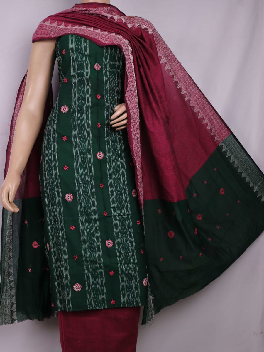 Close-up of blouse piece with Sambalpuri motifs in green and magenta cotton