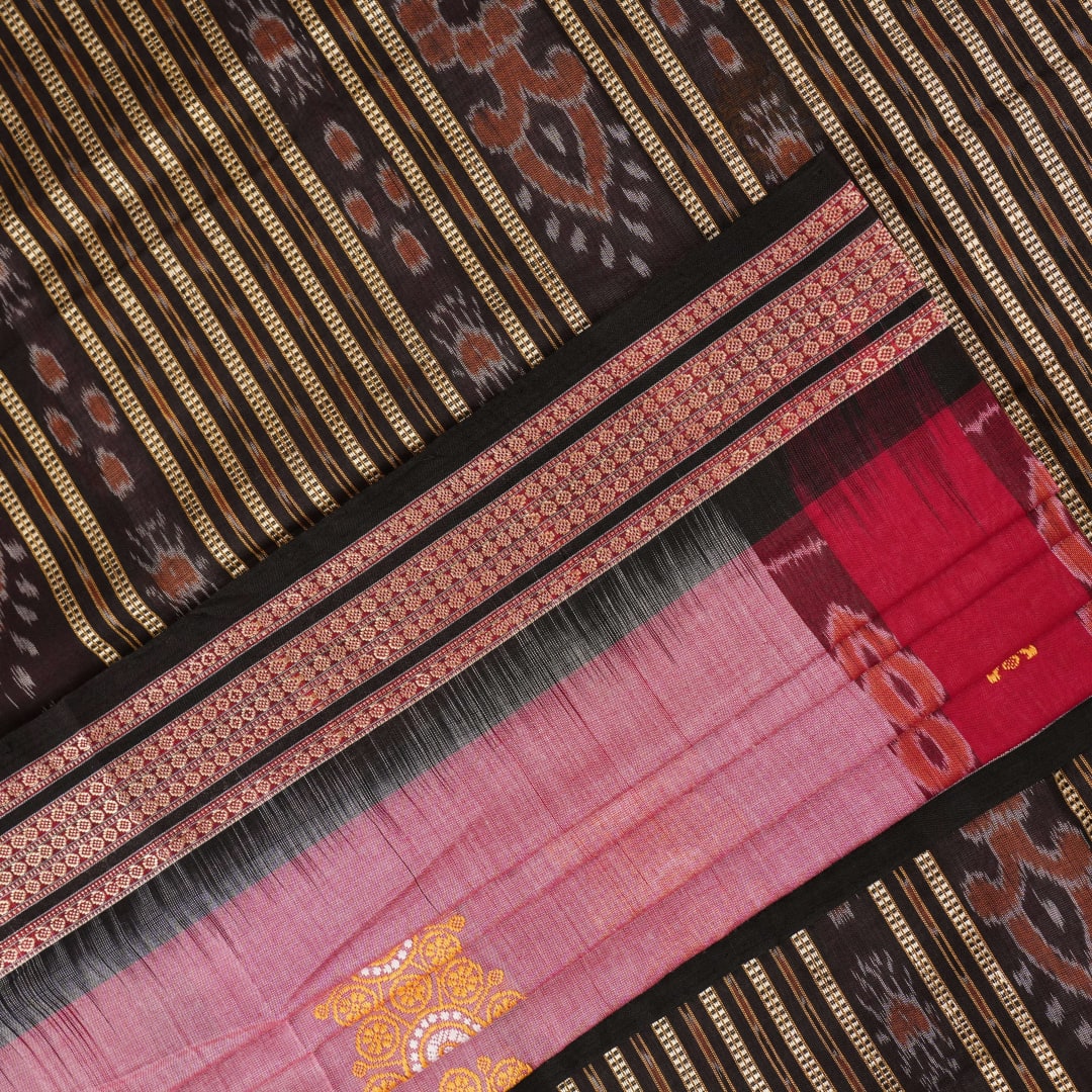 Full layout of the black and multi-color striped Sambalpuri cotton saree showing entire design
