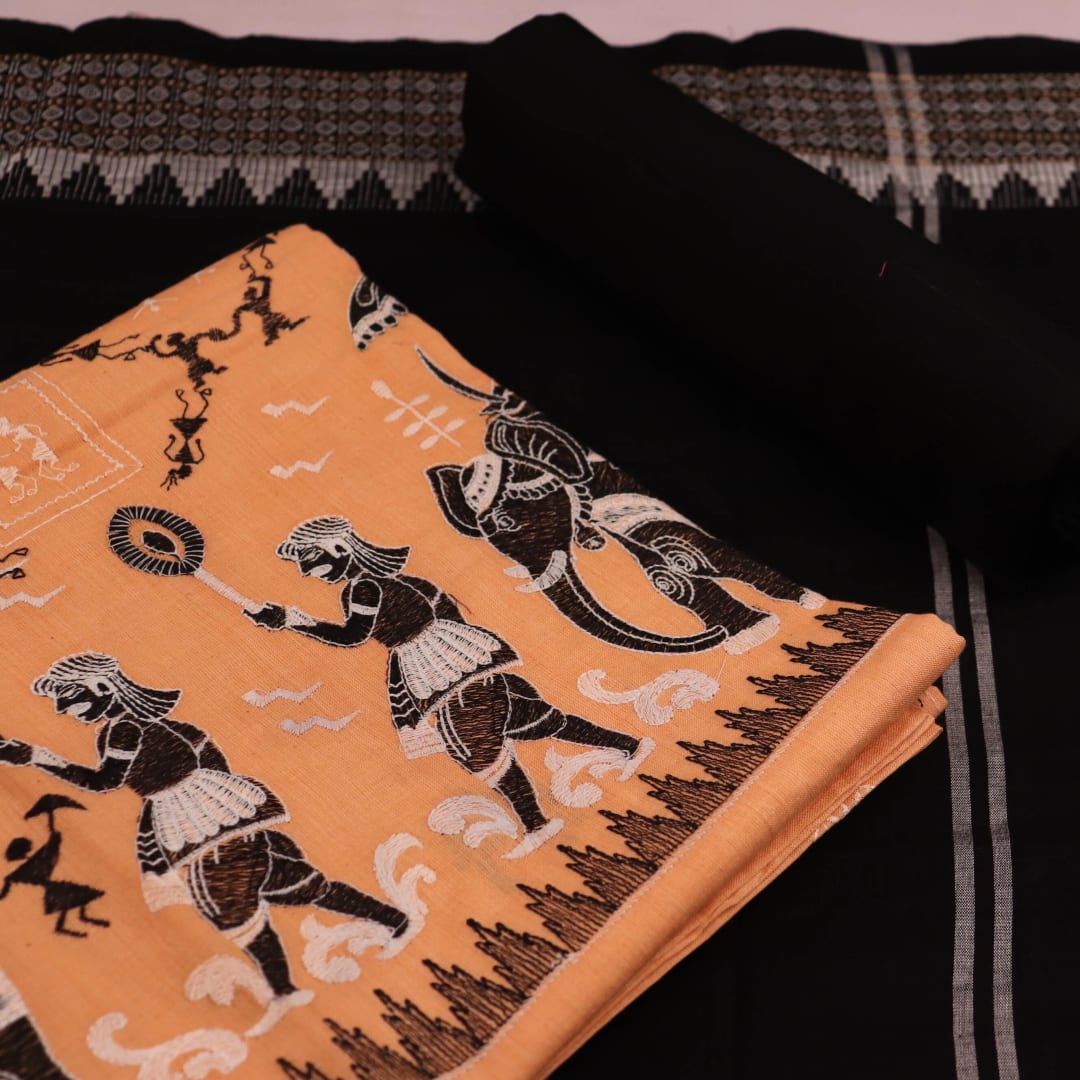 Handloom Brown Sambalpuri Cotton Dress Material with Black border