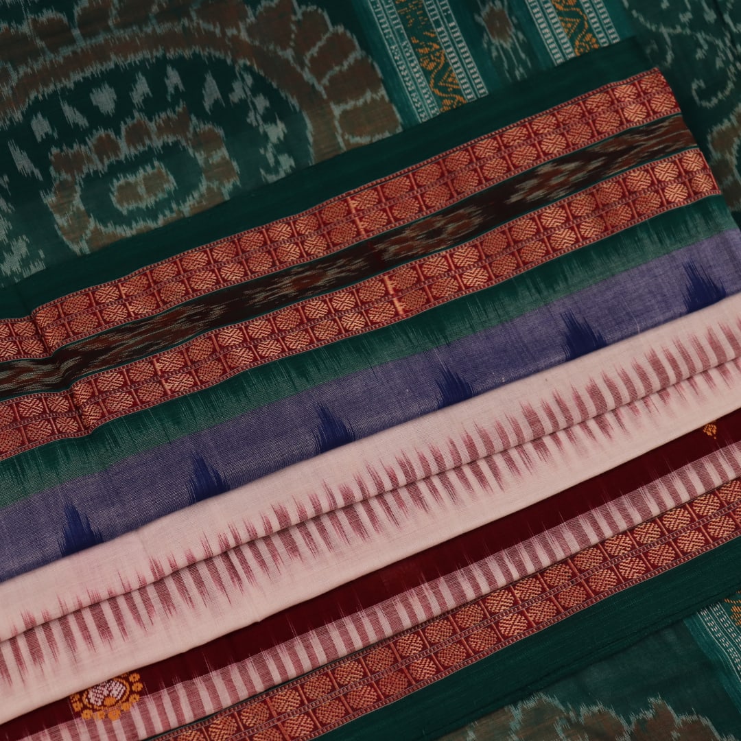 Full view of a multicolored green Bomkai cotton saree with butta pattern.