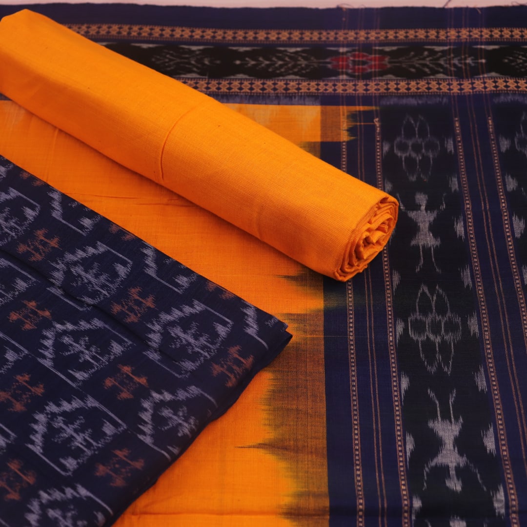 Blue and yellow Sambalpuri cotton dress material blouse piece with motifs.