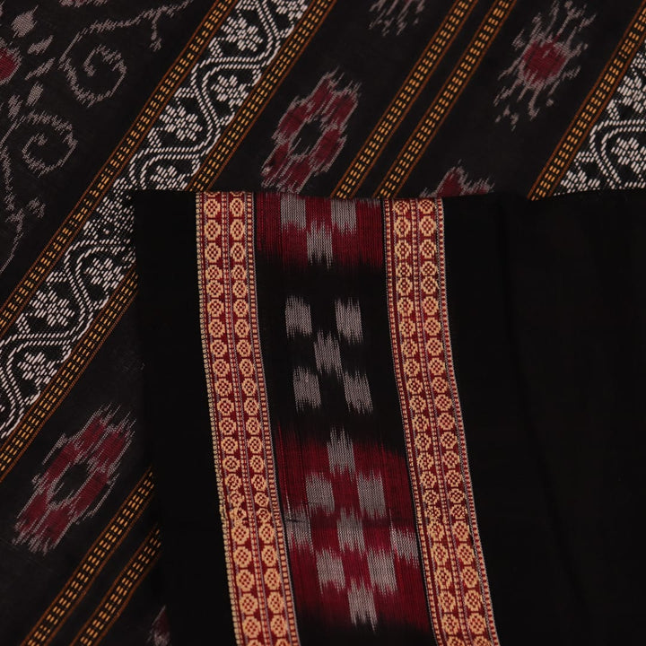 Full view of a grey cotton Sambalpuri saree with black butta pattern