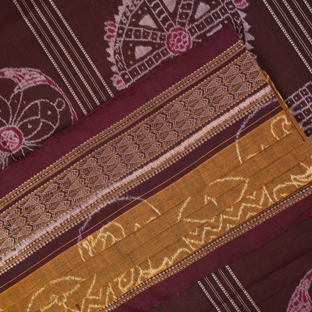 Full layout of the brown and maroon Sambalpuri cotton saree showing the complete body pattern and border.