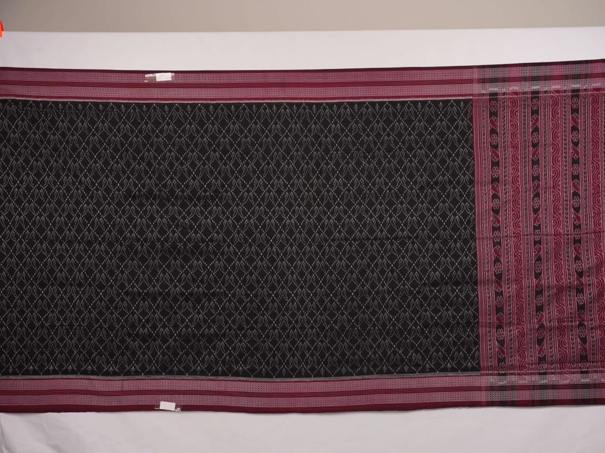 Full layout of black and maroon Sambalpuri cotton saree showing the body, pallu, and border design.