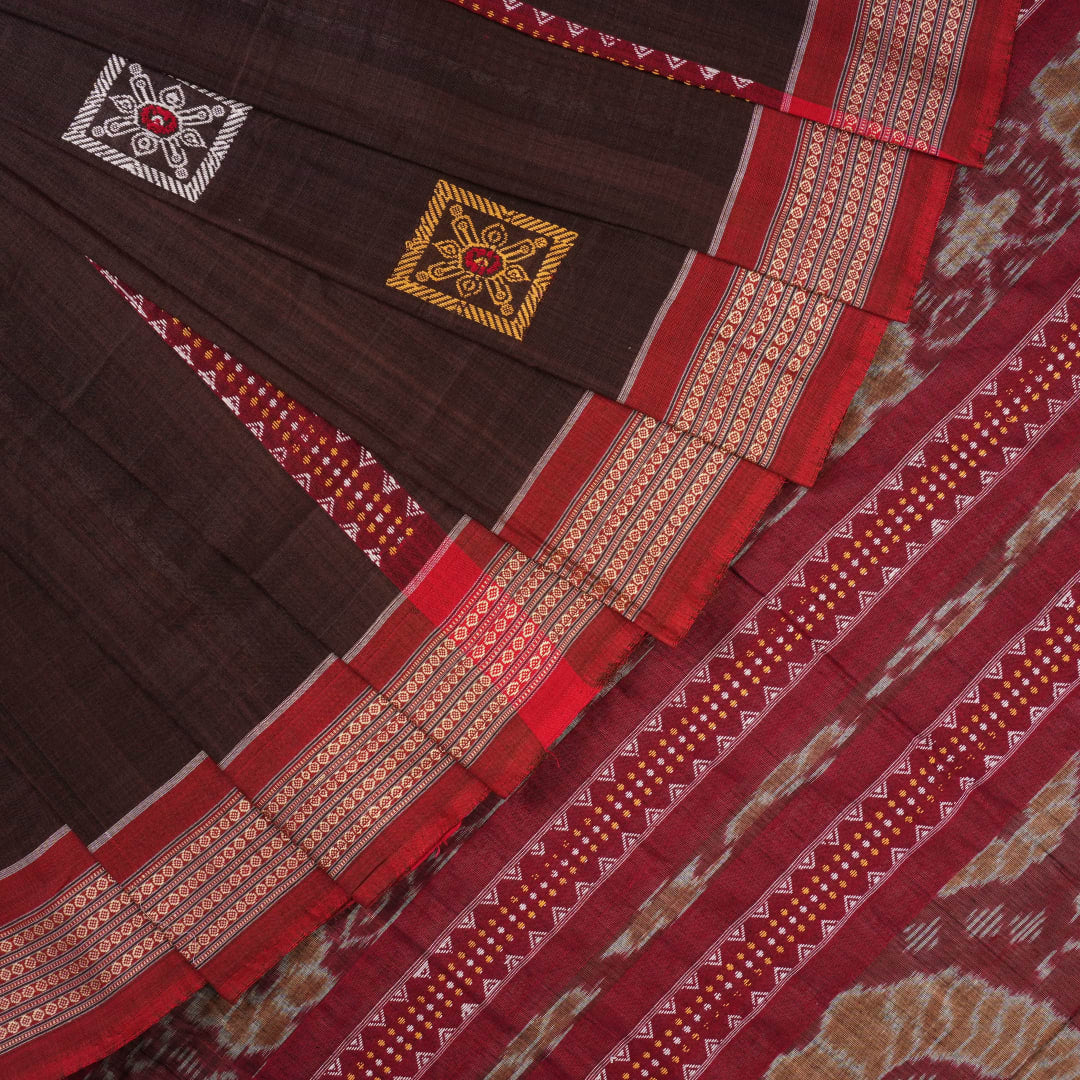 Full layout of brown and red handloom Bomkai cotton saree showing butta body and decorative pallu.