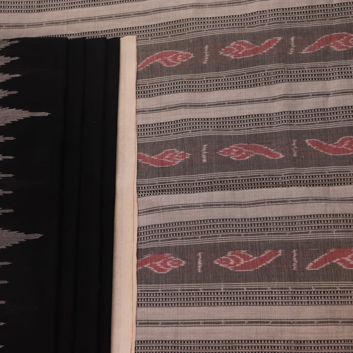 Full view of a plain black and white Sambalpuri cotton handloom saree.