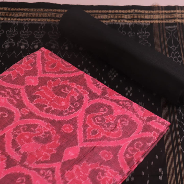 Detail of the pink and black Sambalpuri cotton dress material's blouse piece with motifs.