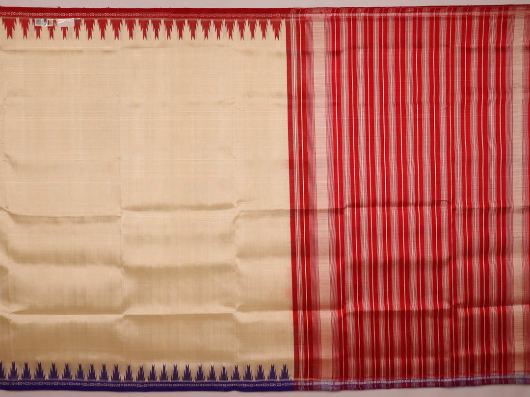 Close-up view of the intricate silk texture on a Berhampuri saree in white with a red border