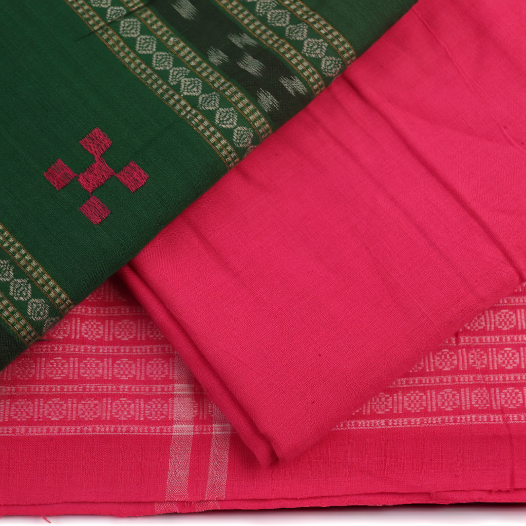 Detail of the blouse piece for a green Sambalpuri cotton dress material with pink motifs.