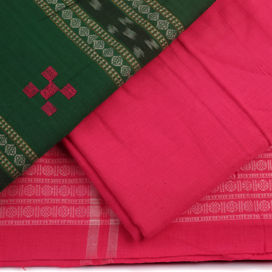 Detail of the blouse piece for a green Sambalpuri cotton dress material with pink motifs.