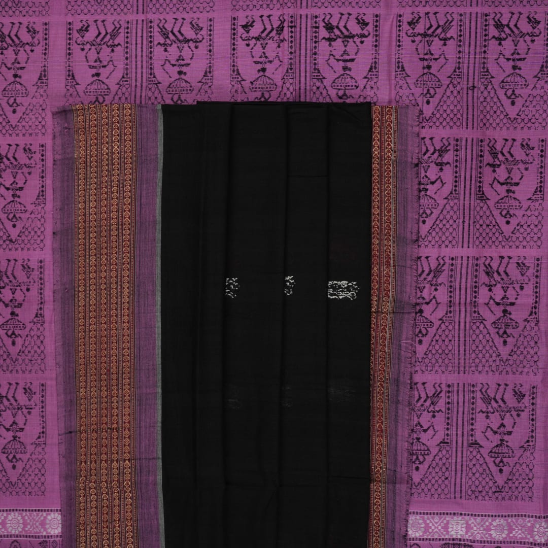 Full flat layout of the black and pink Bomkai cotton handloom saree showcasing the body and pallu.