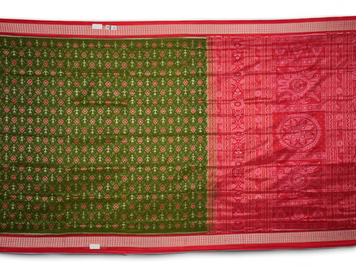Close-up showing the rich, smooth texture of the green Sambalpuri Silk Saree's weave, highlighting its quality.