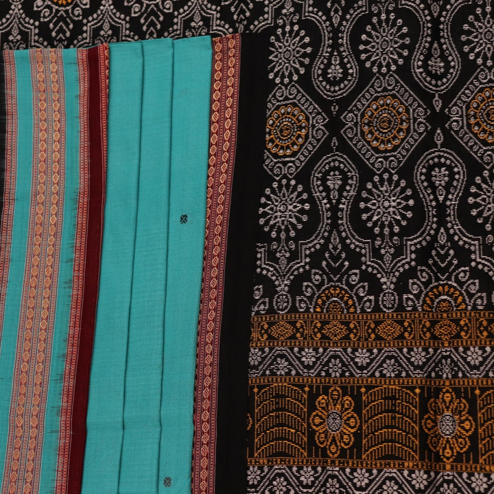 Full view of a blue and black Bomkai cotton saree with intricate butta pattern.