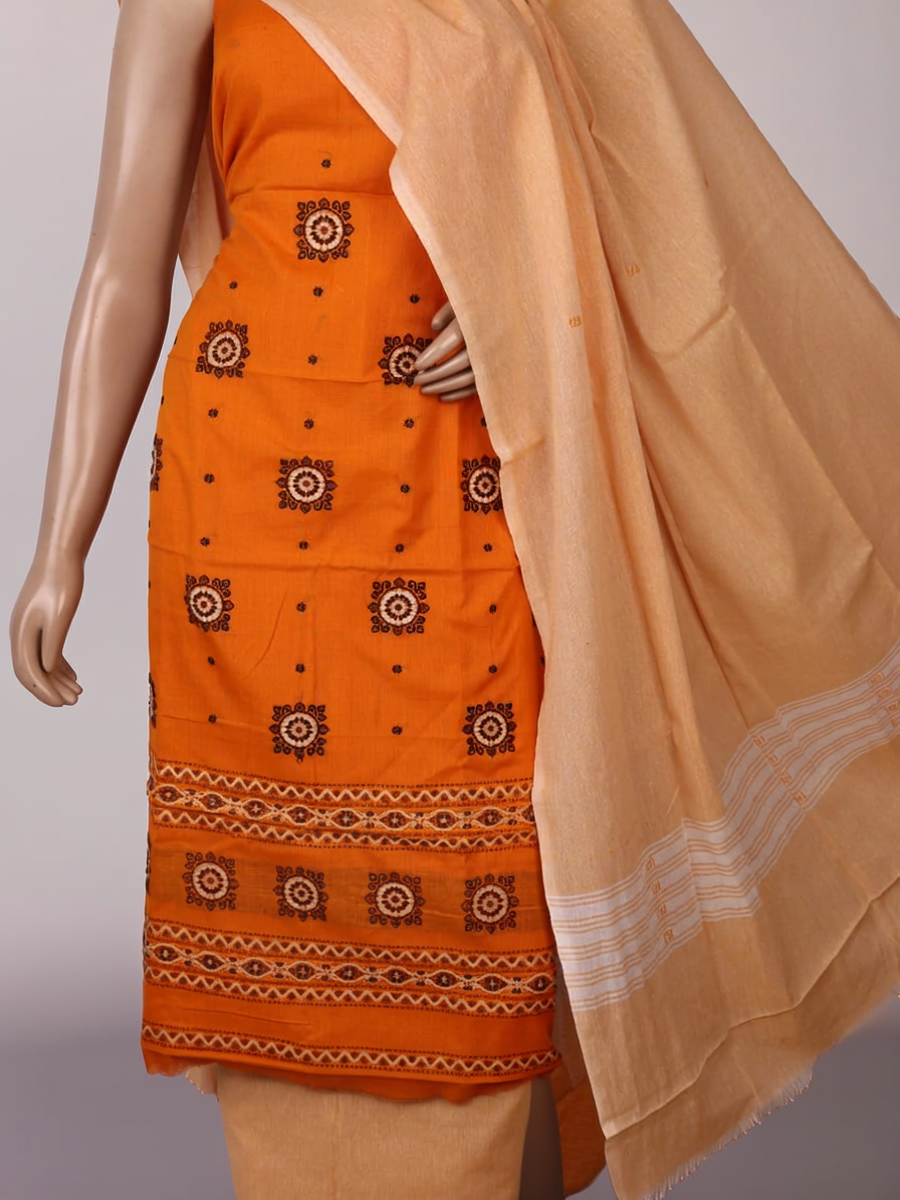 Detail of the coordinating blouse piece for the Bomkai cotton dress material in yellow and cream.