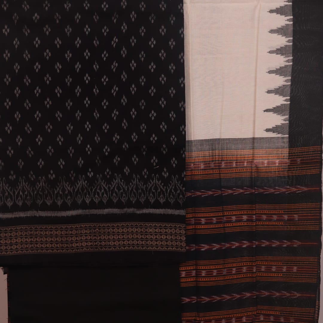 Detail of the black Sambalpuri cotton dress material's matching blouse piece with motifs.