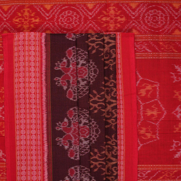 Full layout of a maroon and red Sambalpuri cotton saree displaying the complete body motifs and border.