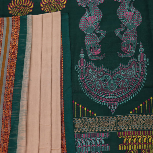 Full view of a cream and green cotton Bomkai Saree with butta pattern.