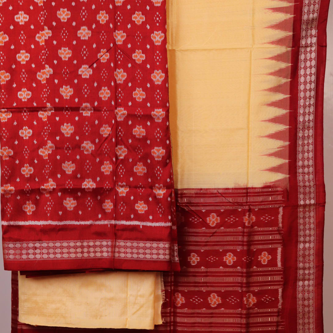Detail of the Maroon and Off White Sambalpuri Silk Dress Material blouse piece with motifs.