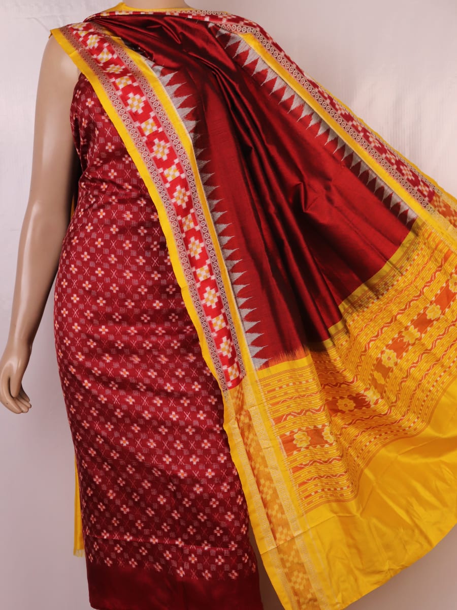 Maroon Pasapalli Sambalpuri handloom silk dress material blouse piece detail.