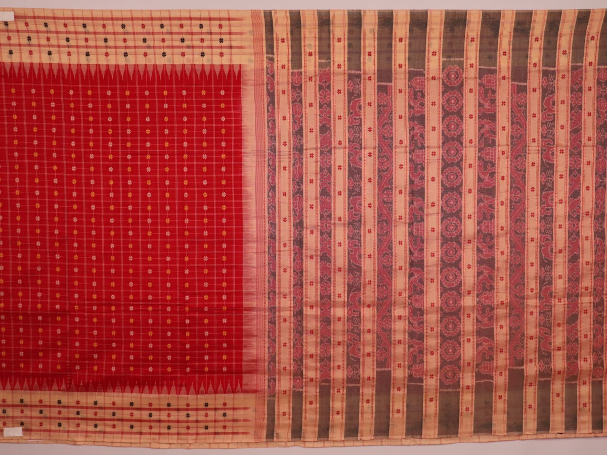 Full body view of a vibrant red cotton Sambalpuri saree featuring intricate butta patterns and a cream border.