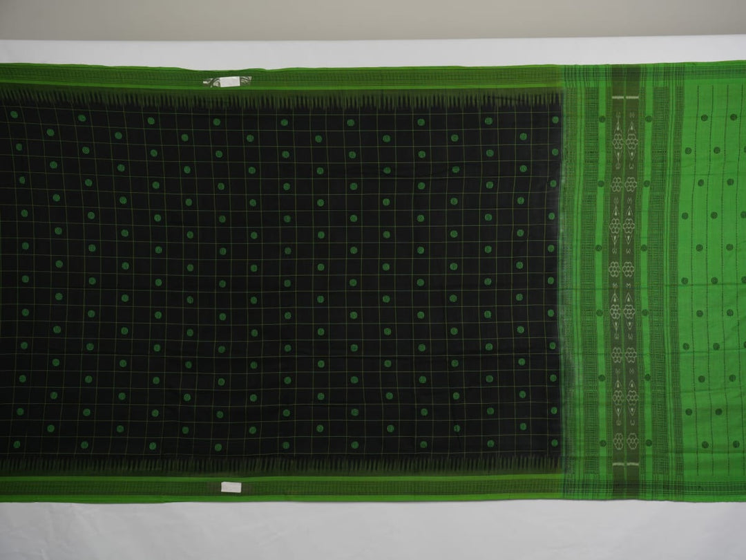 Full flat layout of a black Sambalpuri cotton saree with green butta patterns and an intricate ikat border.