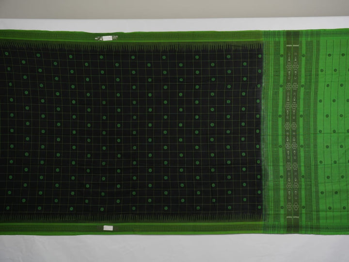 Full flat layout of a black Sambalpuri cotton saree with green butta patterns and an intricate ikat border.