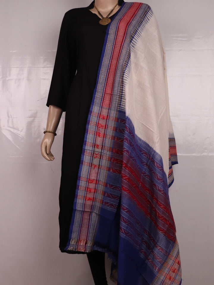 Styling view of a white and blue cotton Sambalpuri dupatta with plain pattern