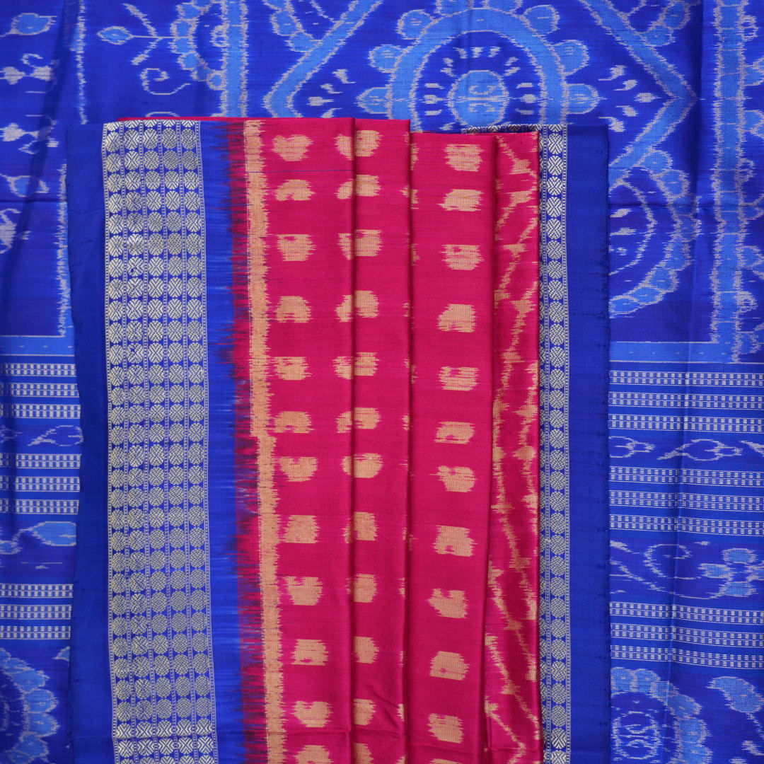 Close-up of Sambalpuri silk fabric texture, revealing the fine handloom weave and quality.