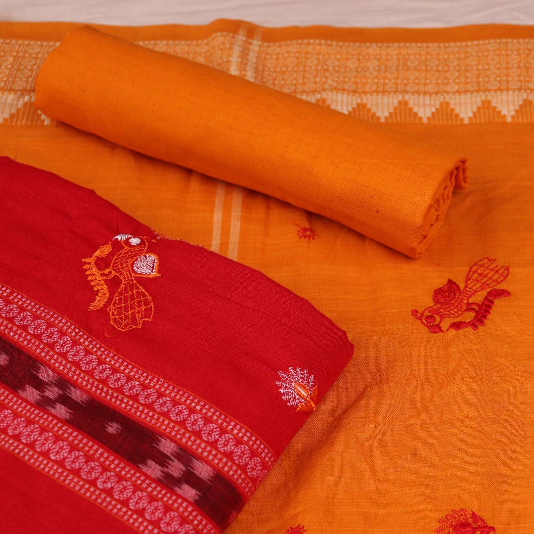 Close-up view of Red and Yellow Cotton Sambalpuri Dress Material blouse piece design with intricate motifs