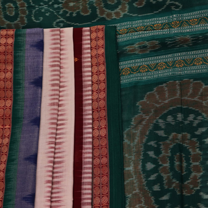 Full view of a multicolored green Bomkai cotton saree with butta pattern.