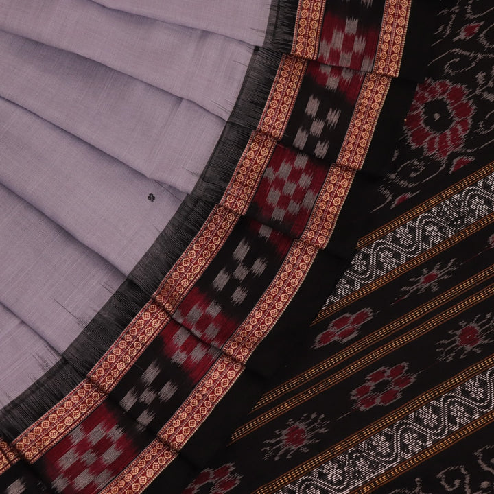 Full view of a grey cotton Sambalpuri saree with black butta pattern