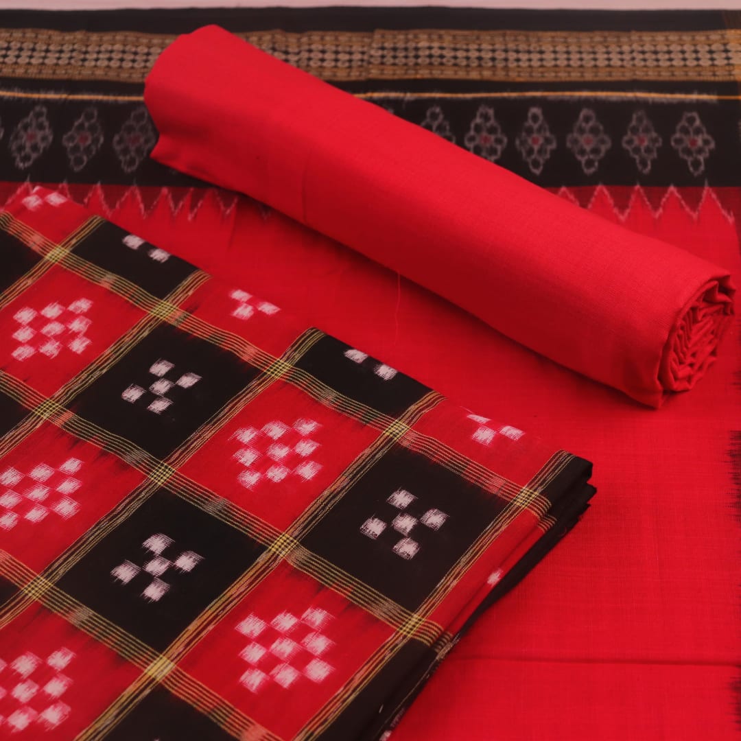 Detail of the black Sambalpuri cotton Pasapalli dress material's blouse piece with red accents.