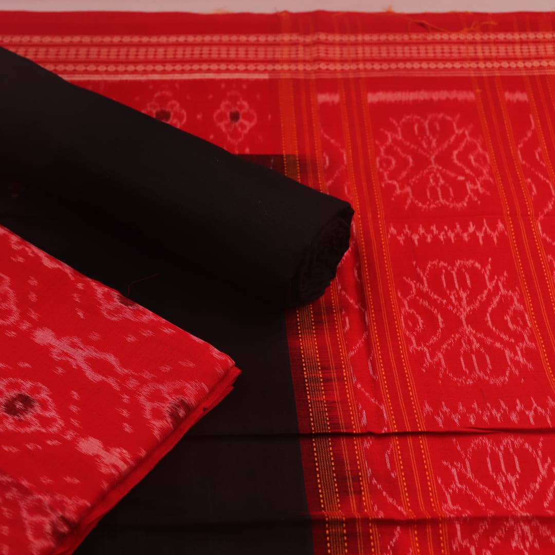 Detail of red and black motif Sambalpuri cotton dress material blouse piece.