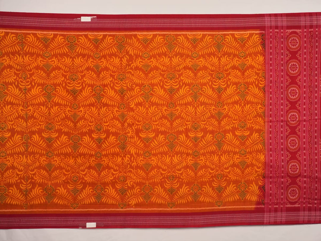 Full layout view of the yellow and red Sambalpuri cotton saree showcasing the complete body and border.