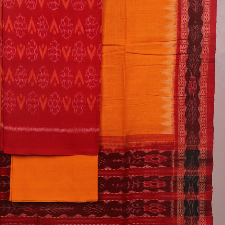 Detail of red and yellow Sambalpuri cotton dress material blouse piece, featuring motifs.