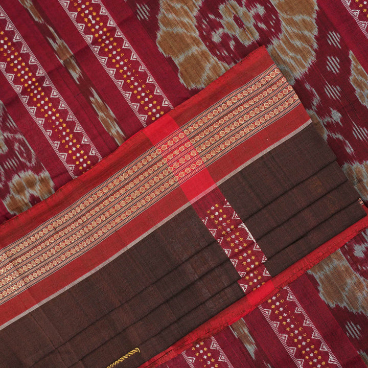Full layout of brown and red handloom Bomkai cotton saree showing butta body and decorative pallu.