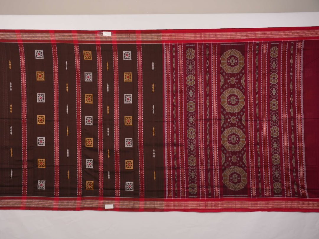 Full layout of brown and red handloom Bomkai cotton saree showing butta body and decorative pallu.