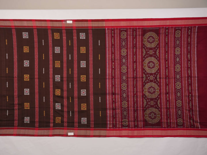 Full layout of brown and red handloom Bomkai cotton saree showing butta body and decorative pallu.