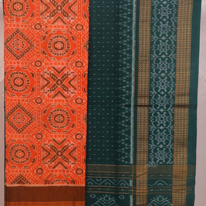 Blouse piece detail of an orange and green motif Sambalpuri cotton dress material.