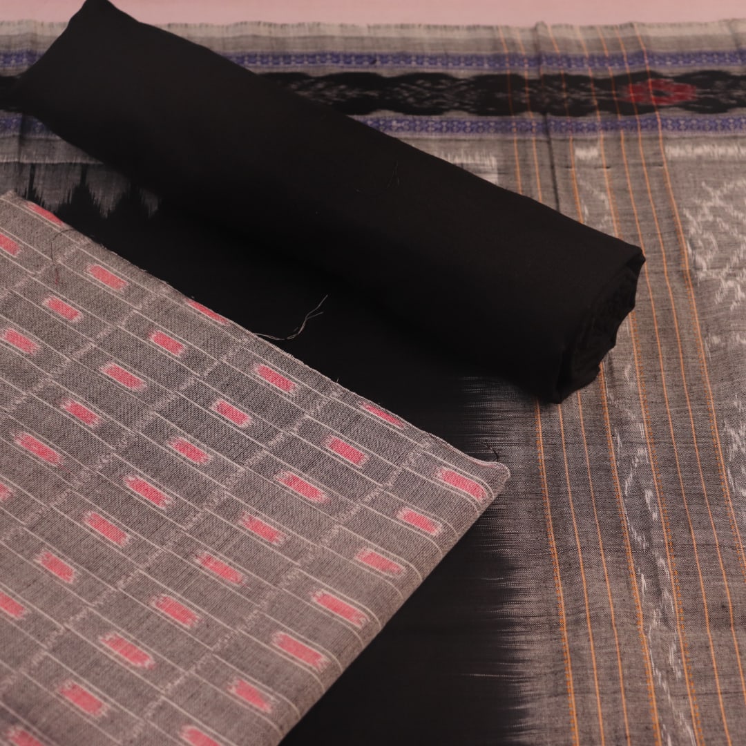 Sambalpuri cotton dress material: grey and black motif blouse piece detail.