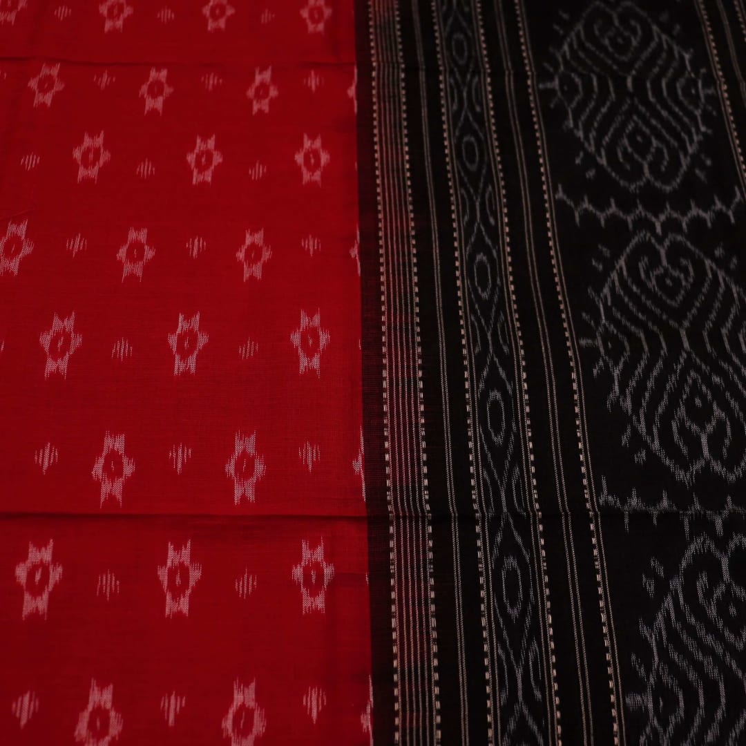 Red and black Sambalpuri cotton dupatta featuring intricate motif patterns