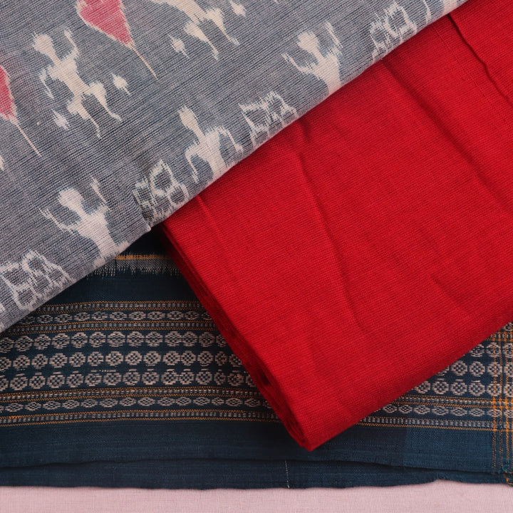 Blouse piece of grey and red Sambalpuri cotton dress material with motifs.