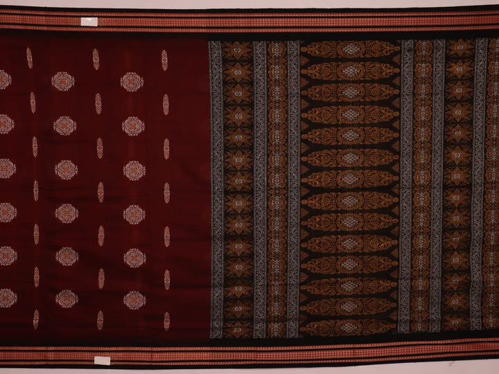 Full view of maroon cotton Bomkai saree with black butta patterns