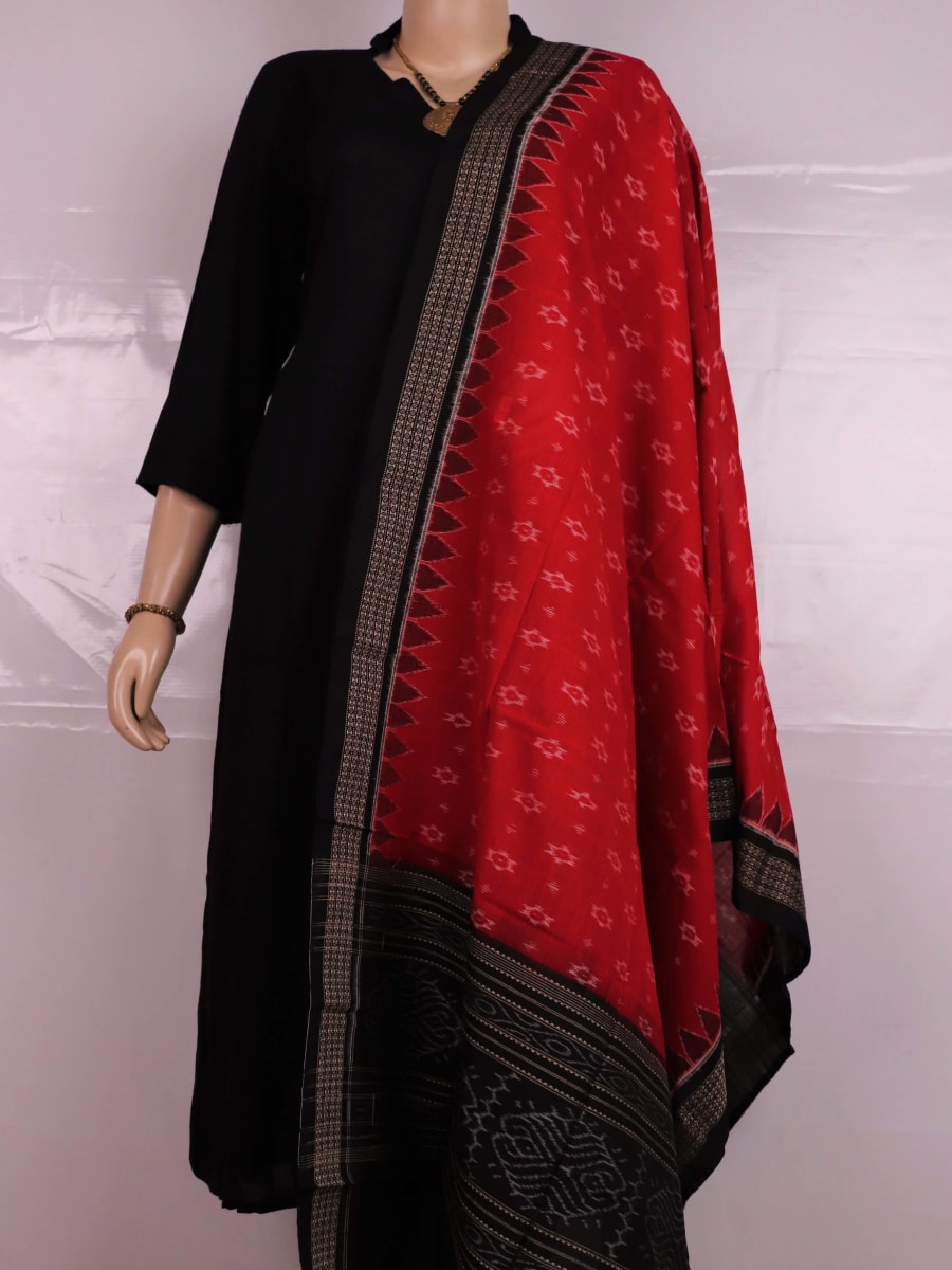 Red and black Sambalpuri cotton dupatta featuring intricate motif patterns