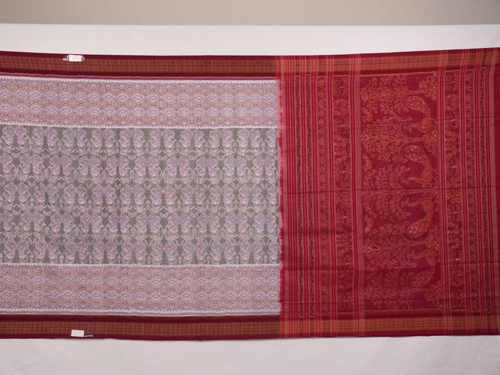 Full layout of a multi-color and maroon Sambalpuri cotton saree displaying the complete design and pallu.