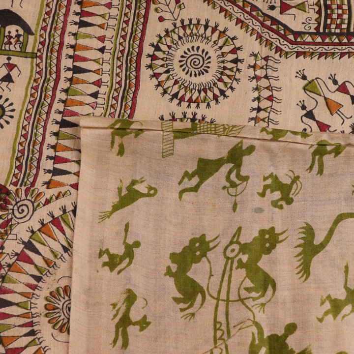 Close-up of multi-color Tussar silk saree with handwoven motifs in green