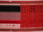Full view of a multi-colored Bomkai cotton saree featuring a butta pattern with a red border.