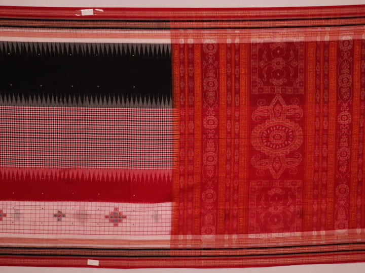 Full view of a multi-colored Bomkai cotton saree featuring a butta pattern with a red border.